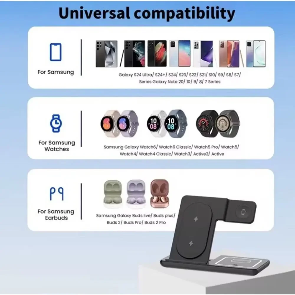 3 In 1 Wireless Charger Stand For Samsung Galaxy Watch Buds Foldable LED